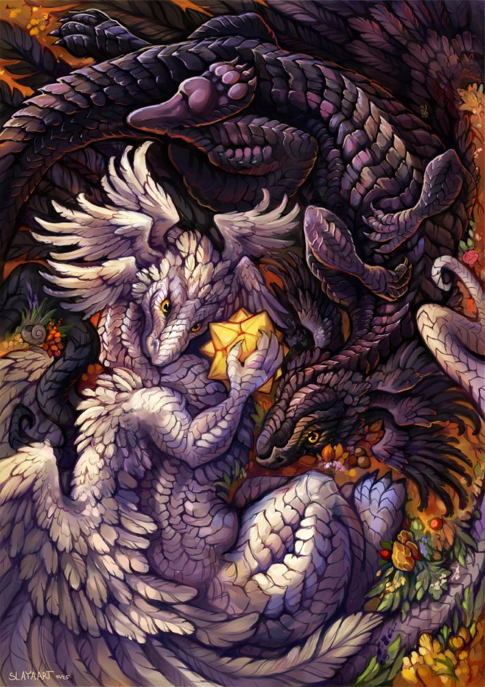 painting of twin dragons together, one black and one white