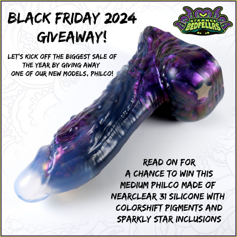 A photo of the Medium NearClear 31 Philco we're giving away this week. It is a humanoid shaped dong with a lot of texture. It is clear at the tip with dark purple color shift down at the bottom and gold stars throughout. 