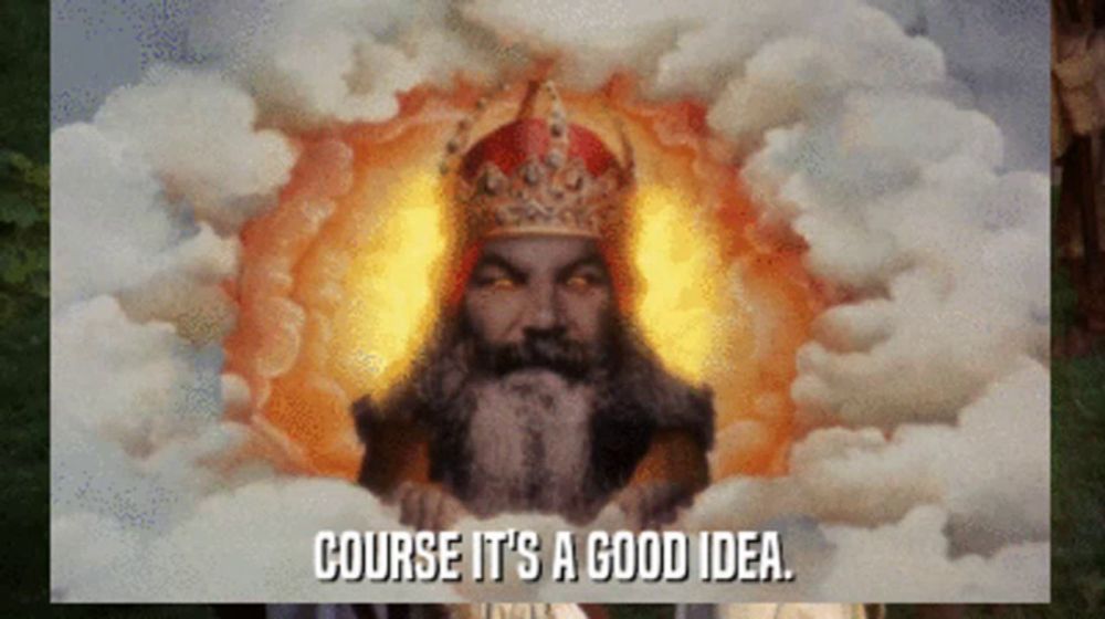 a painting of a man with a beard and a crown with the words course it 's a good idea below him