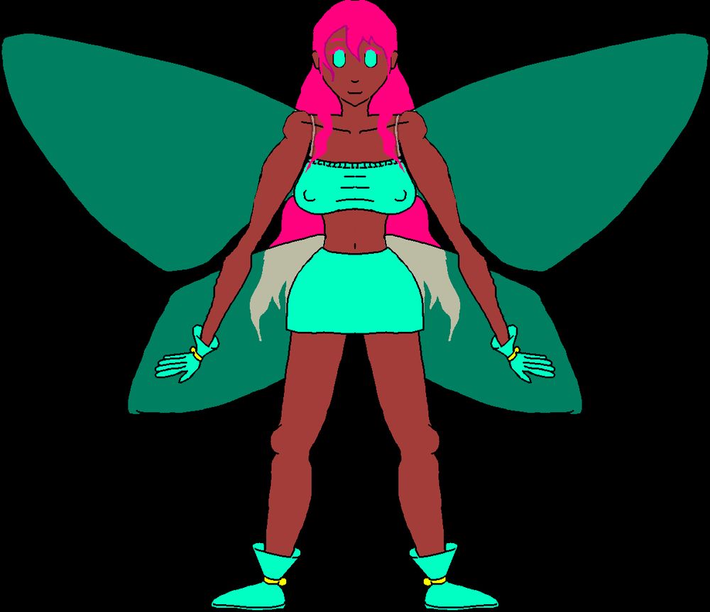 Exy Standing in an "A Pose", showing off her starting Fairy Ranger uniform.  I don't know how to describe the top really, it's like a short tube of cloth that covers just the breasts and wraps around the torso, and a miniskirt, matched with gloves and shoes, all seafoam green.  There are yellow bands around the wrists and ankles that have a little yellow ball attached.  Exy's long candy-pink wavy hair reaches down to her butt, with some strands falling in front of her shoulders, ending just on her breasts.  Her2 pairs of butterfly wings, also seafoam green, stretch out to a wide span behind her.  Her nipples are slightly visible through her top.