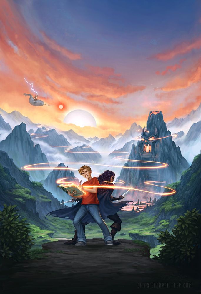 Book cover illustration for the German version of the fantasy book "Spellbinders" by Andrew Auseon, showing the protagonists in front of  a phantastical landscape
