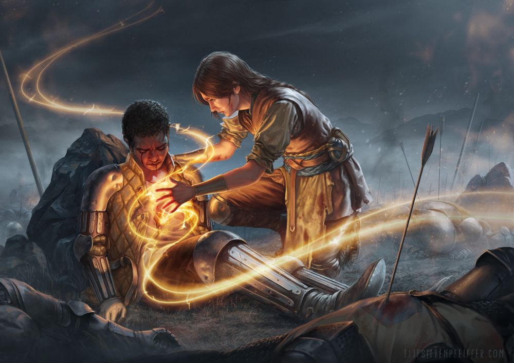 a fantasy illustration of a healer working golden glowing magic on a wounded fighter on a misty battlefield surrounded by fallen warriors.