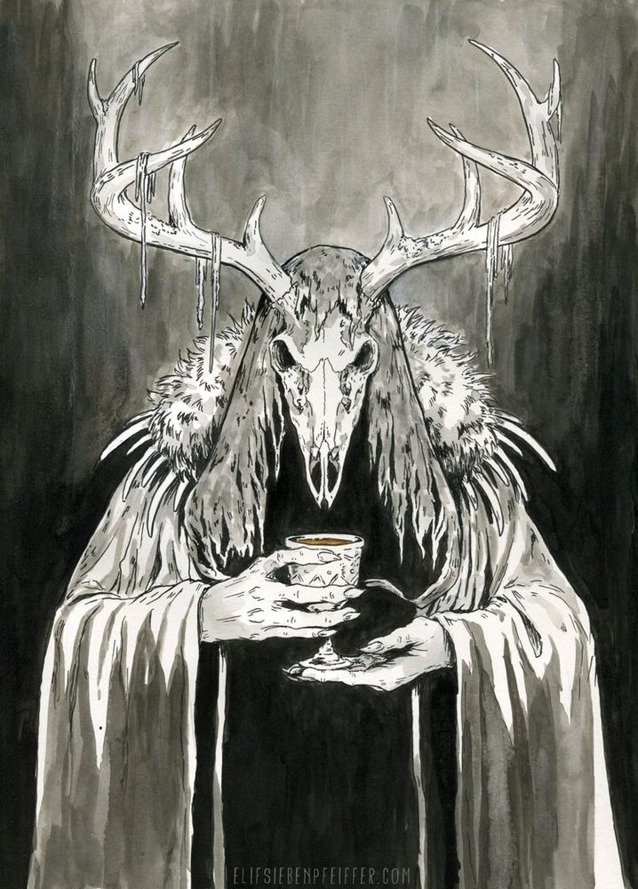 Just a deer skull dude, offering you a drink, in ink.
