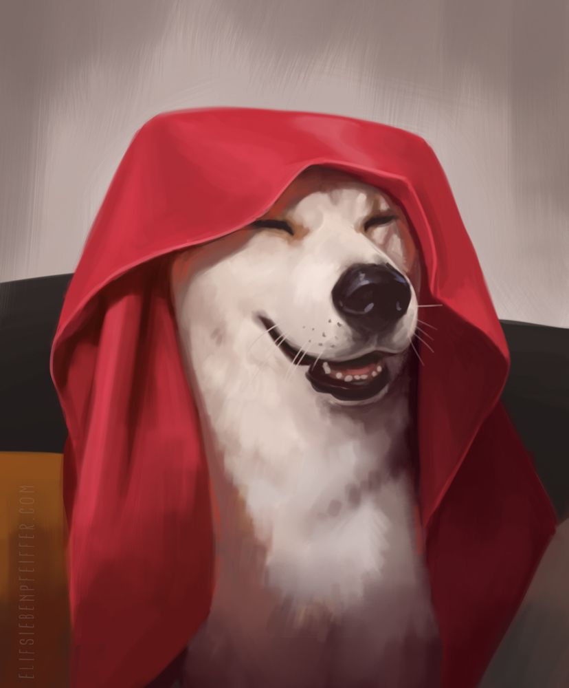 Portrait of an Akita mix smiling with closed eyes and a red towel draped over her head.