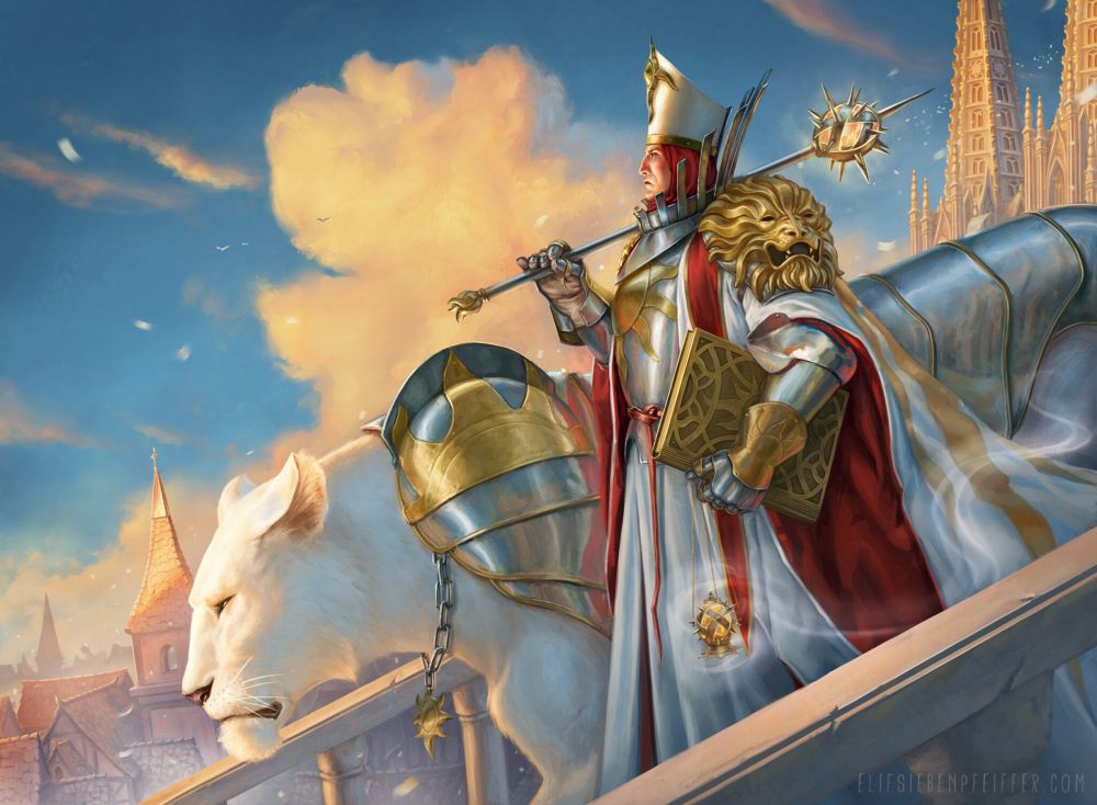 Illustration of an armored priest and a large armored lioness walking down stairs in front of a large cathedral and fantasy city in sunrise with large yellow clouds