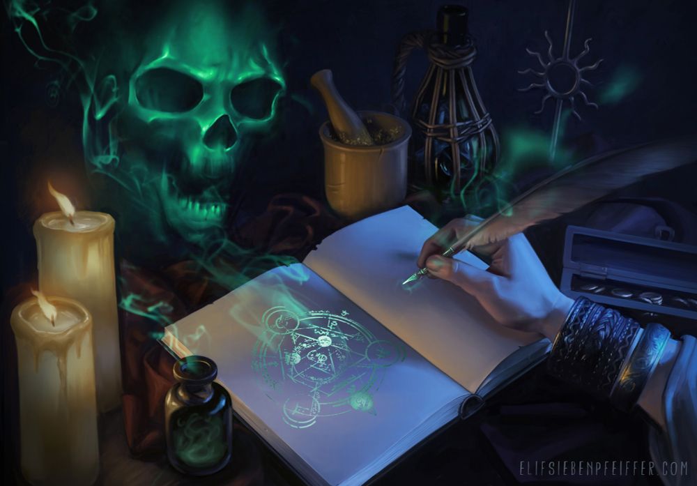 An illustration of smoke forming a glowing skull emerging from a book in which a hand is writing magical glowing symbols
