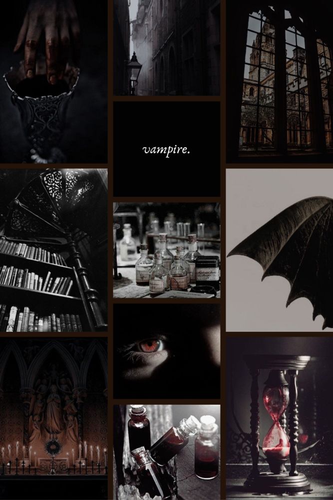 Photo collage of black, white, and red imagery, including a hand dipping into an ornate cup of blood, a Victorian street with a gas lamp, a gothic window framing a stone building, a bookshelf and staircase, the word vampire on a black background, potion bottles, a vampire bat wing, an altar with candles, a red eye, glass bottles with blood, and a bloody hourglass 