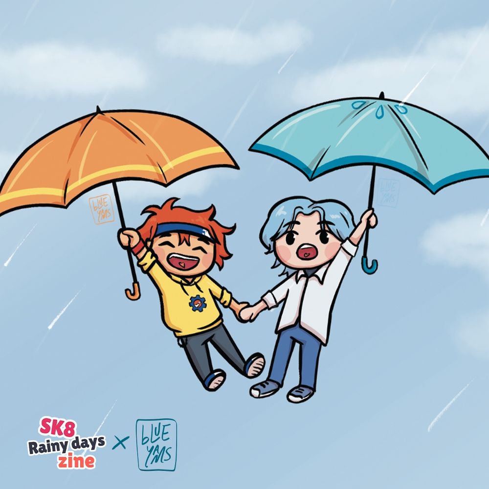 chibi art of Reki and Langa holding onto their respective umbrellas and holding hands with each other. they're "floating" and the background is blue and rainy