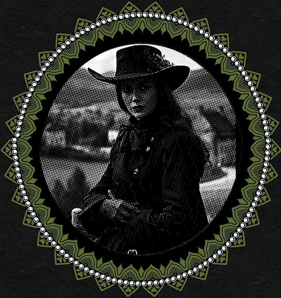 Woman dressed in Edwardian meets Wild-west style hat, gloves and coat with a countryside village in the background.