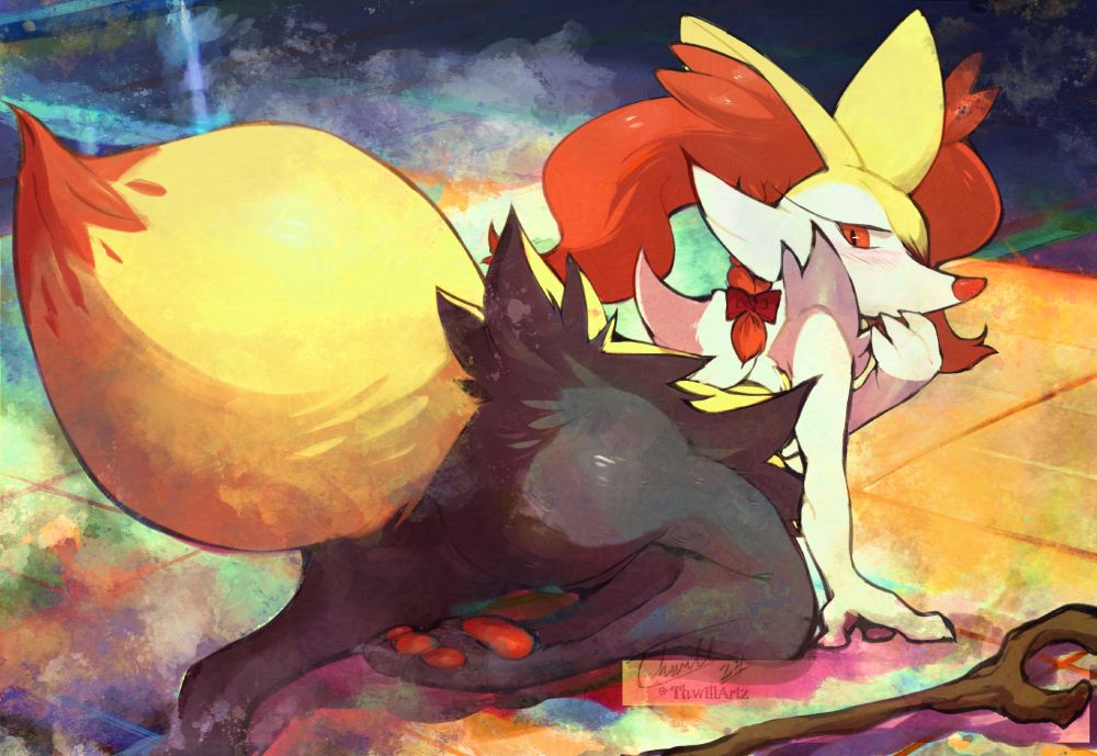 She was training with Yanuna and then BLAM she tripped.
That clumsy fox always finds a way to hit the ground when he's around for some reason, I tell you.

Pardonne the Braixen and Yanuna the Zeraora are both characters belonging to ThwillArtz
---
彼女はヤヌナと一緒に訓練していて、突然、転んだ。
あの不器用なキツネは、なぜか彼がいると必ず地面にぶつかる方法を見つけるんだ、本当に。

テールナーのパルドンヌとゼラオラのヤヌナは、どちらもThwillArtzのキャラクターです。
