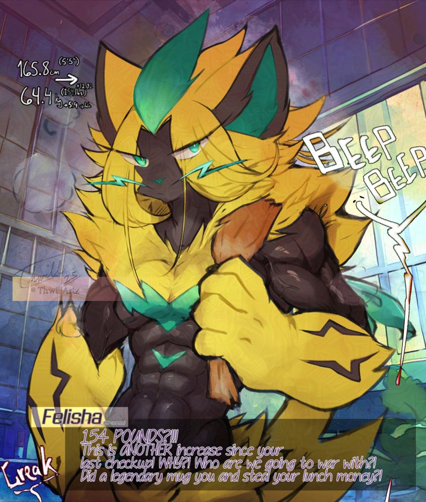 The muscle grind doesn't stop for this Zeraora boi 🏋️
But what motivates him so?
Couldn't actually want to potentially fight God... Right???
---
彼は冒険の旅に出ています 💪⚡️

このゼラオラの少年、筋肉の鍛錬は止まらない 🏋️
でも、彼を動かすものは何だろう？
本当に神と戦うことを望んでいるのだろうか？？？