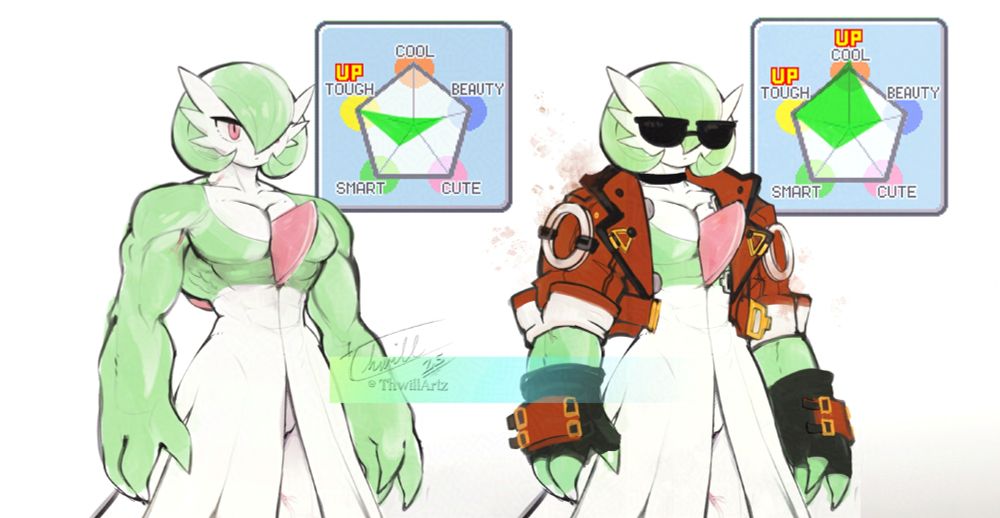 The one on the left being "enhanced" for maximum Coolness.

Original post/ joke: https://bsky.app/profile/thwillartz.bsky.social/post/3lokarjhqss2p

People seem to like silly Tough Gardevoir, I'll see what I can do xD
---
左の方が「強化」されて、最大のクールさを目指しています。

みんながバカサーナイトが好きみたいです。何かできるか見てみますね xD