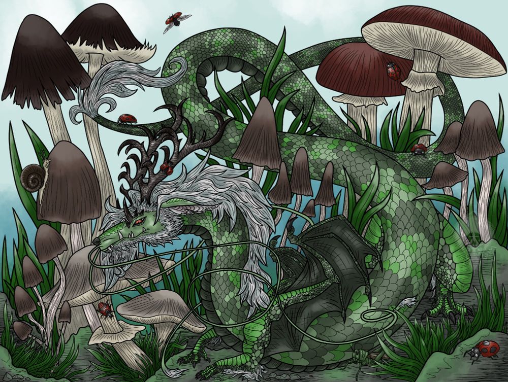 An emerald dragon tends to his garden of mushrooms 🍄, little ladybugs are on patrol 🐞, a snail stops to say hello 🐌, and a shy grasshopper hides by his friend's side 🦗
An emerald dragon tends to his garden of mushrooms 🍄, little ladybugs are on patrol 🐞, a snail stops to say hello 🐌, and a shy grasshopper hides by his friend's side 🦗