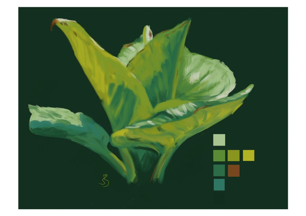 Ilustración digital de una planta sobre fondo verde oscuro, con la paleta de colores utilizados en un lateral. Es un estudio de iluminación a partir de una obra de James Gurney incluida en su libro "Color and light. A guide for the realist painter".