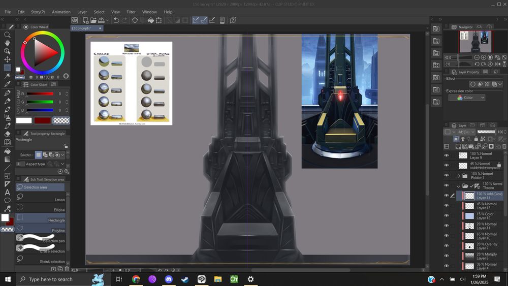 A screenshot taken in clip studio paint of a greyscale rendered metal throne, from the swtor mmo (dark eternal throne stronghold decoration). To the left is a metal shading tutorial, to the right is a reference image of the throne.