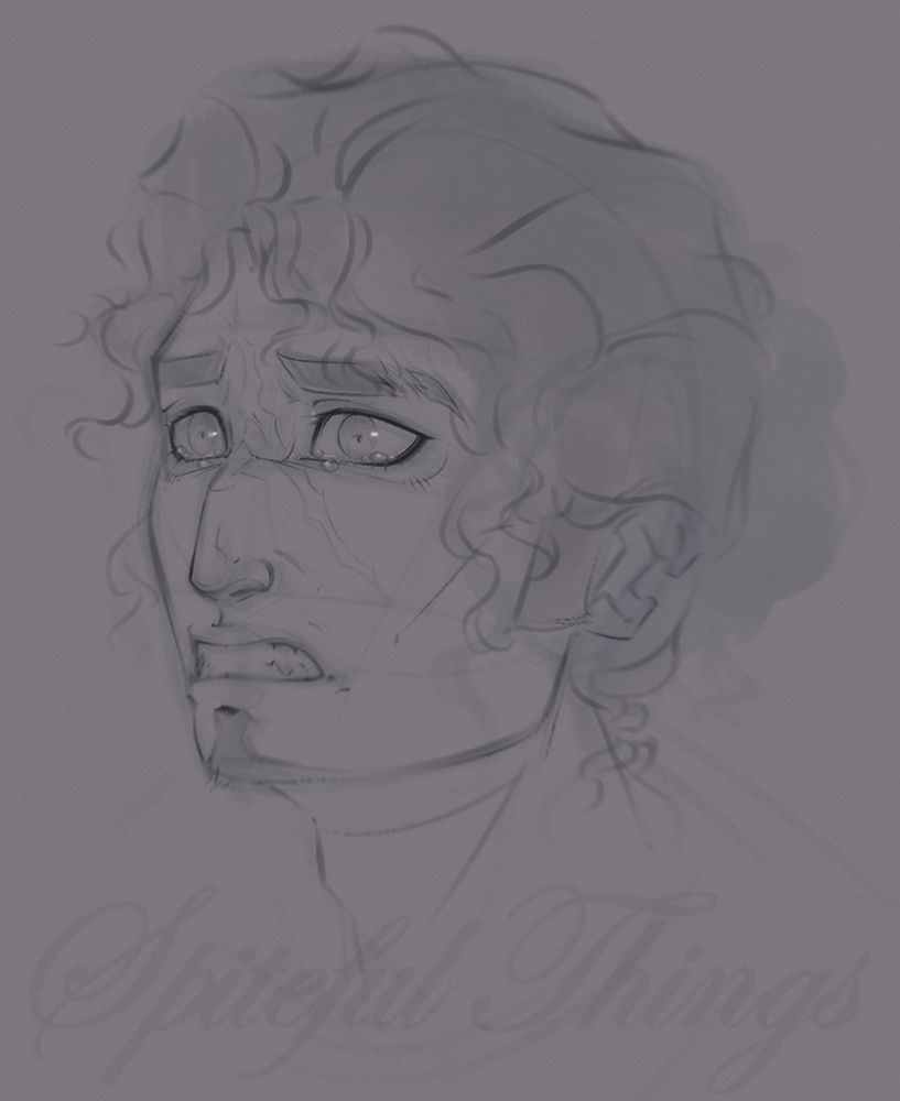 A digital bust sketch, featuring my swtor mmo character, Seridae, at some point in time prior to losing his eye and growing out his hair more. He has a pained expression and tears forming around his eyes.