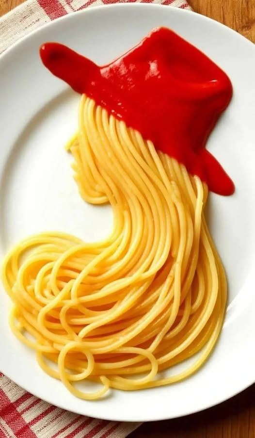 Auf einem Teller sind Spagetti so gelegt, das sie aussehen wie das Profil einer blonden Frau und der Ketchup ist so aufgespritzt als wenn sie einen roten Hut trägt. Netzfund
