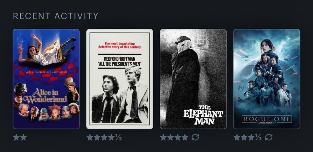 Alice in Wonderland (1999), All The President’s Men (1976), The Elephant Man (1980), Rogue One: A Star Wars Story (2016)