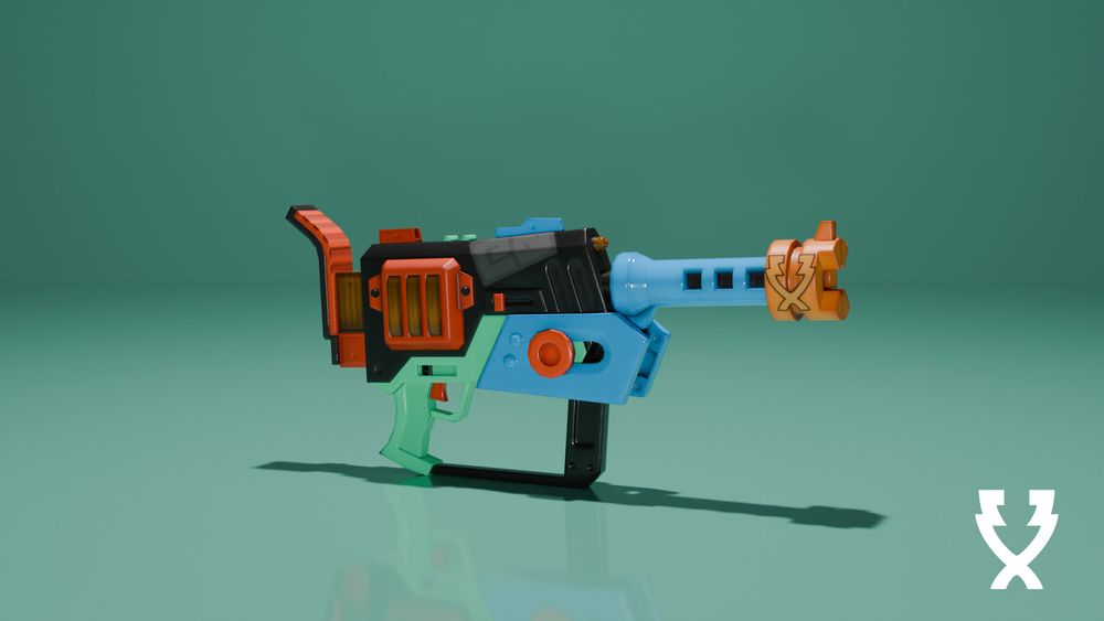 Updated the background for consistency. Changed the colors of certain parts of the weapon to better fit with how I wanted it to look. The sticker on the main body from the other two variants is back. The slider piece on the main body as well as the stock at the back of the weapon are now red. The slider piece on the handle is now black instead of red. The Emberz logo is now on barrel tip.