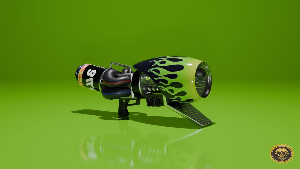 Grim Range Blaster (An existing variant of the Range Blaster, with some differences due to the new design in S3. The flames on the weapon are now green and the can at the back of the weapon is purely black with some lines on it to show ink color. The new design in S3 changed the tubes on the side of the weapon to be much larger, so fully recoloring them could look a little strange, so while the red and blue colors are kept it's only through thin lines on the seams of the black tubing on the sides of the weapon.)