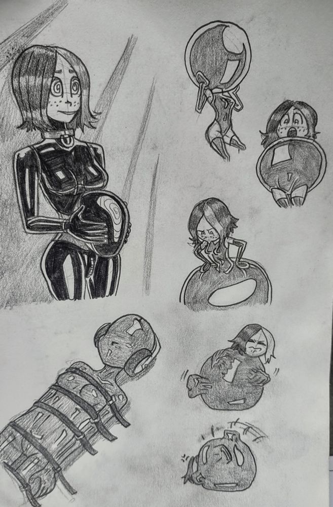 In the top-left corner, Natalie "Verdant" Painter-Smith stands hypnotized, dressed in a black latex catsuit with corset and collar. She holds a reflective black helmet.
In the bottom-right corner, she lays back, wearing a fully-covering zentai suit and a thick pair of headphones. Her body is wrapped in constricting belts.
On the right side of the page, Natalie is seen struggling with a large inflated ball; first covering her head, then her torso and arms, and then her legs.
Below these, we see her full body trapped in the sphere. She pushes at it with her hands and feet, but the sphere stretches, preventing her escape.
In the bottom-right corner, the full-body sphere has fallen over, much to it's captive's annoyance.