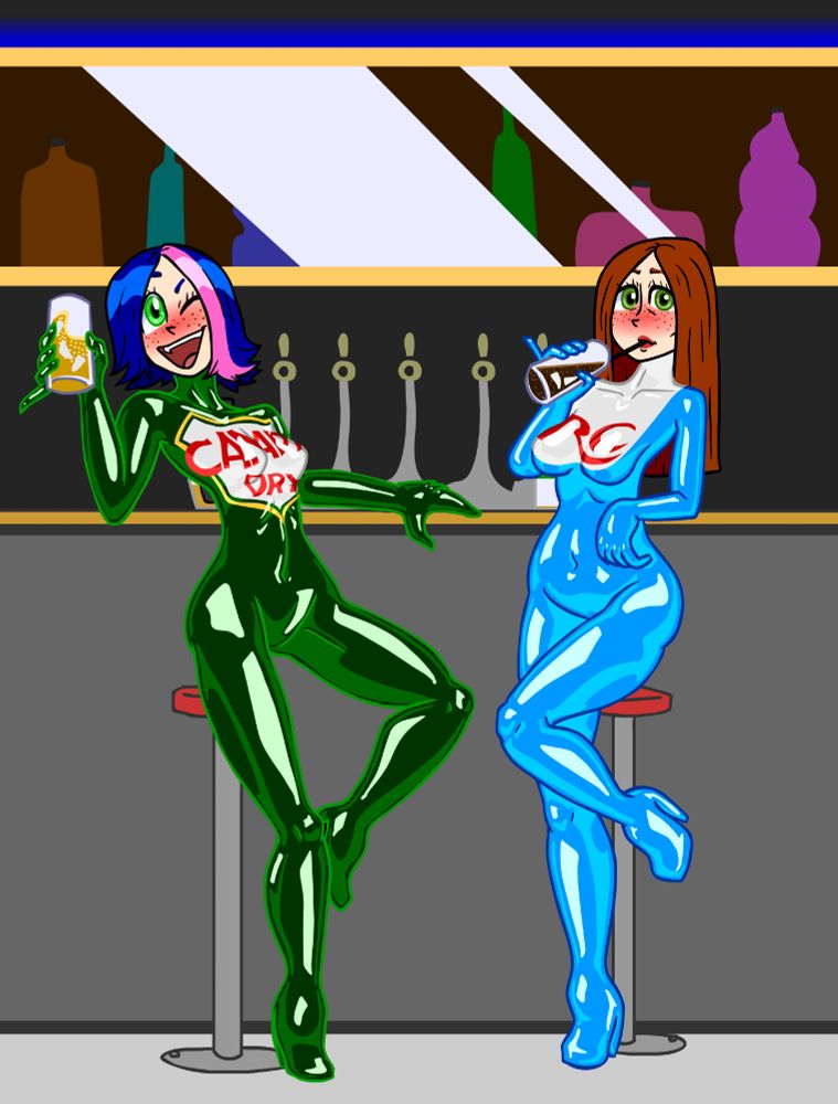 Two women are sitting at a bar. One wears a dark green bodysuit emblazoned with the Canada Dry logo across the chest. She holds a glass with ice and ginger ale (along with some whiskey from a bottle hidden behind her) in her free hand, using the other to steady herself against the bar. Her hair is dyed dark blue with a pink streak on her left side (viewer's right). Her face is flushed.
The other woman sits more casually. She wears a light blue suit with the RC Cola logo on her chest. She drinks from a glass of cola, also with some whiskey from a nearly empty bottle, also hidden behind her.