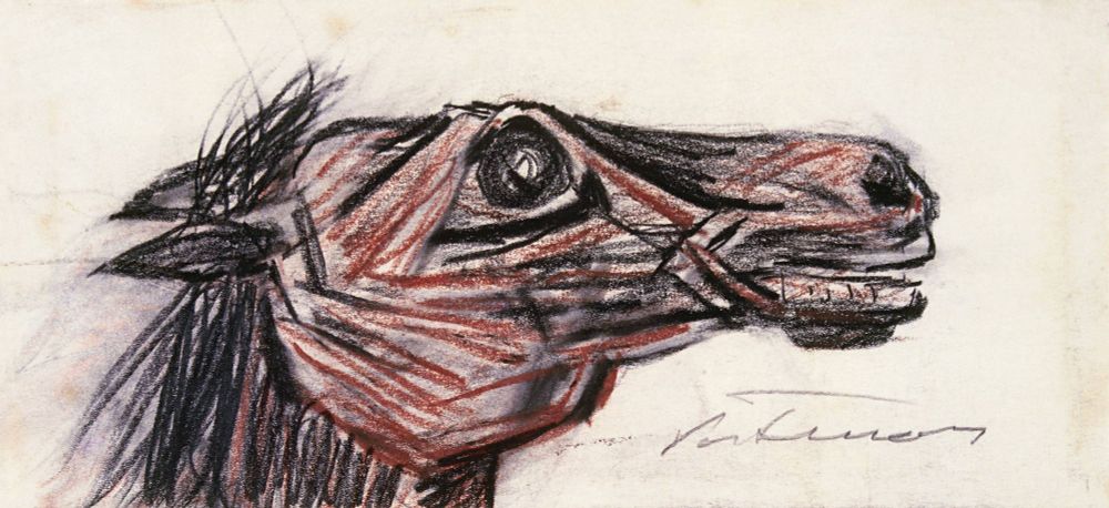 Composição nos tons ocre vermelho, preto e branco. Traços rápidos. Cabeça de cavalo de perfil para direita, em posição horizontal no suporte. Tem as orelhas para trás, boca entreaberta, e vê-se início de pescoço, cortado pela margem inferior do suporte.

Composition in red ochre, black and white. Quick strokes. Profile horse head to the right, horizontally in the holder. It has ears back, open mouth, and sees the beginning of the neck, the lower cut edge of the support.