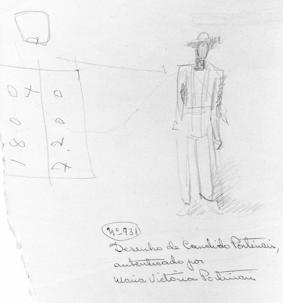 Composição em preto e branco. Linhas de esboço. Na metade direita do suporte, esboço de homem em pé, de frente, usando chapéu de abas largas e terno.

Composition in black and white. Sketch lines. On the right half of the support, man sketch standing, facing, wearing wide-brimmed hat and suit.