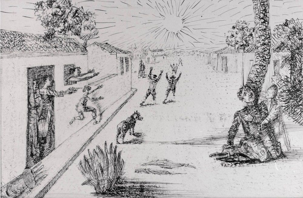 Composição em preto e branco. Linhas de contorno, linhas superpostas, linhas paralelas, pequenas áreas chapadas e pontilhadas. Composição representando rua em perspectiva, tendo à esquerda, casa, com duas pessoas à porta, sendo que uma delas empunha um revólver; à direita, homem ferido recostado em uma árvore e apoiado em criança. Na rua, figuras fugindo, capelinha e um cachorro. No primeiro plano à esquerda, casa, tendo à porta, figura de mulher que parece se esconder atrás de uma cortina; figura de homem, de pé, de perfil para a direita, traços fisionômicos sugeridos, braço direito estendido empunhando um revólver, com o qual parece ter atirado um figura de homem caído à direita da composição. O homem ferido está ajoelhado e caído para trás, recostado sobre tronco de árvore, apoiado por menino, que está à sua direita. A figura está com a cabeça caída para trás, traços fisionômicos sugerido dor, braço esquerdo flexionado com a mão espalmada sobre o peito, provavelmente sobre o ferimento. Ao seu lado, menino de pé, tem feições de boneca e braço esquerdo como se abraçasse o homem ferido. À esquerda, na calçada da casa, uma cadeira caída e mais ao fundo, figura de homem de chapéu correndo assustado. Ainda à esquerda, figura, com cabeça e os braços estendidos para fora da janela da casa, como se pedisse ajuda. No meio da rua, touceira e mais atrás cachorro andando para o fundo, com a cabeça de perfil para a direita. No segundo plano, a continuação da rua em perspectiva para o fundo, tendo à esquerda casa com árvore no fundo e à direita, construções sugerindo casas em meio a vegetação. No meio da rua, correndo para o fundo, duas figuras de braços erguidos. Mais ao fundo, apenas sugeridos, um cavalo e outras figuras em meio a uma área ladeada por construções; à esquerda Igreja de Santo Antônio e no céu ao centro, grande sol, do qual irradiam segmentos de linhas que preenchem todo o fundo da composição.

Composition in black and white. Contour lines, overlapping lines, parallel lines, and small plateaus dotted areas. Composition representing street in perspective, having on the left home with two people at the door, one of which wields a revolver; on the right, wounded man leaning against a tree and supported as a child. On the street, fleeing figures, chapel and a dog. In the foreground on the left, home, and the door, a woman's figure that seems to hide behind a curtain; figure of a man, standing in profile to the right, suggested facial features, on the right arm wielding a gun, with which it seems to have thrown a man figure fell on the right of the composition. The wounded man is kneeling and fallen back, leaning on tree trunk, supported by boy, who is on your on the right. Figure head is fallen to the back, facial features suggested pain, on the left arm flexed by hand flat on the chest, most likely on the wound. Beside him, standing boy doll has features and on the left arm as if embraced the wounded man. On the left, on the sidewalk of the house, a fallen chair and deeper, hat man figure running scared. Still on the left figure with arms outstretched and head out of the window of the house, as if asking for help. In the middle of the street, and more clumped behind dog walking to the back, with the head in profile to the right. In the background, the continuation of the street in perspective for background, having on the left home with tree in the background and on the right, suggesting construction homes amid vegetation. In the middle of the street, running to the bottom, two figures show of hands. Deeper, just suggested, a horse and other figures in the midst of an area flanked by buildings; We on the left San Antonio Church and in heaven to the center, great sun, which radiate line segments that fill the entire background of the composition.