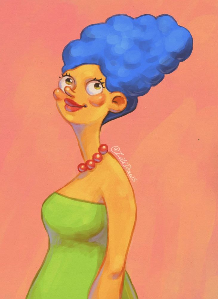 Digital painting of Marge Simpson from famous cartoon tv show, The Simpsons. Drawn in my own illustration style. 
Yellow skin, blue hair (beehive hairstyle), red pearl necklace, green strapless dress, pinky yellow background.
Art by @zitidraws.
Art software: Krita 