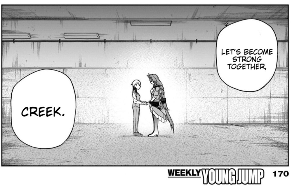 Wide shot of Nase Fumino holding Super Creek's hands, clearly showing Creek's height over hers. Nase says “Let's become strong together, Creek" From Uma Musume Cinderella Grey chp 75.