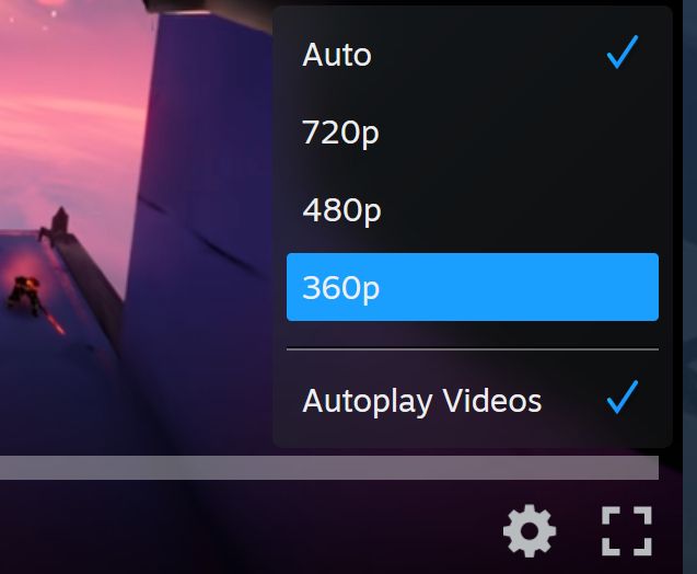 steam browser video player, showing resolution options