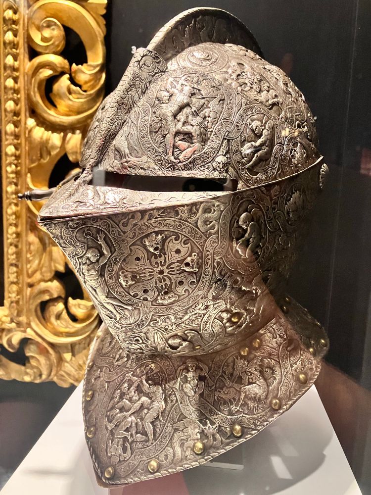 A medieval helmet armor exposed in a museum