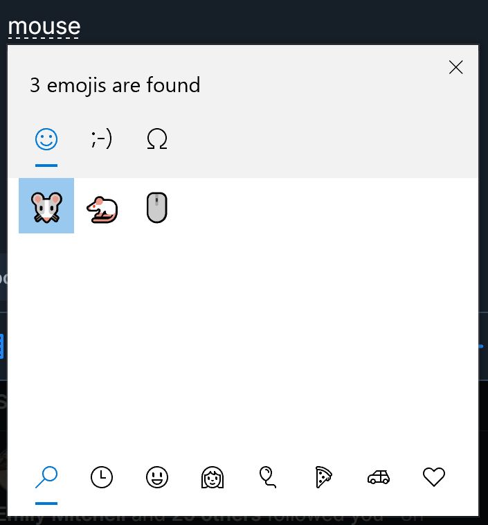 windows emoji search box showing "mouse" emojis