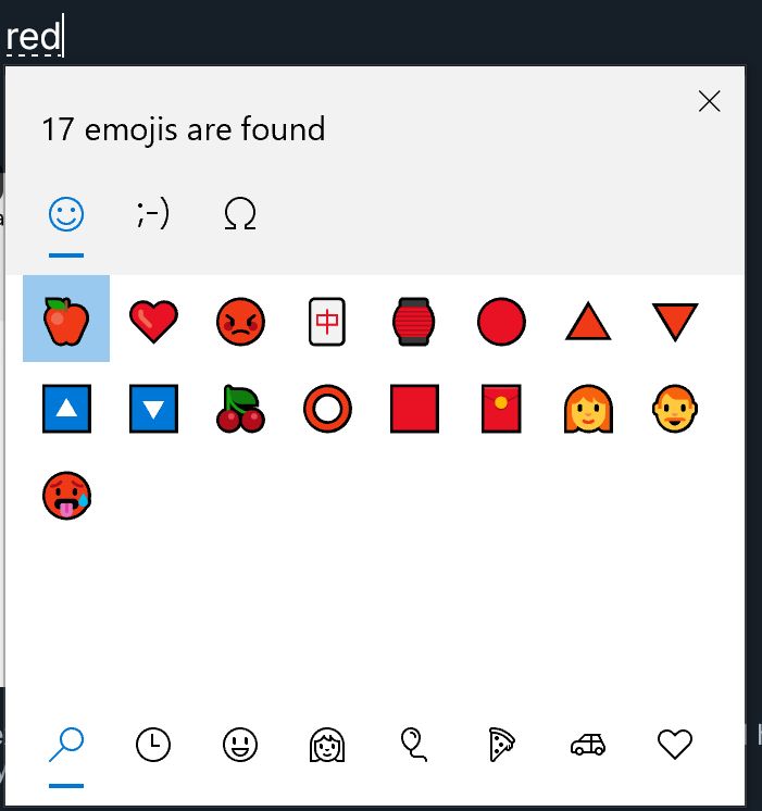 windows emoji search box showing "red" emojis