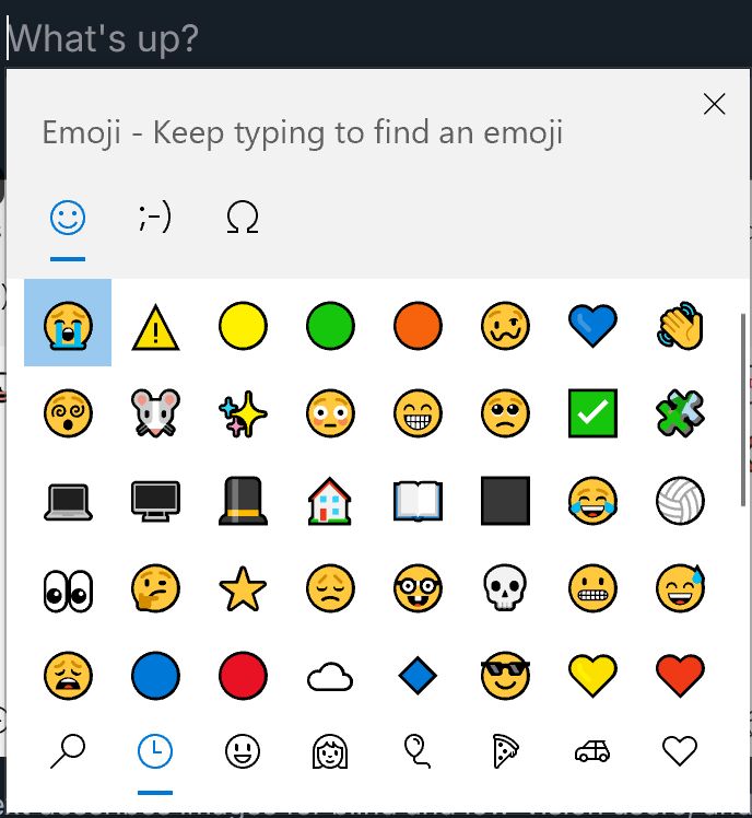 windows emoji search box showing various emojis
