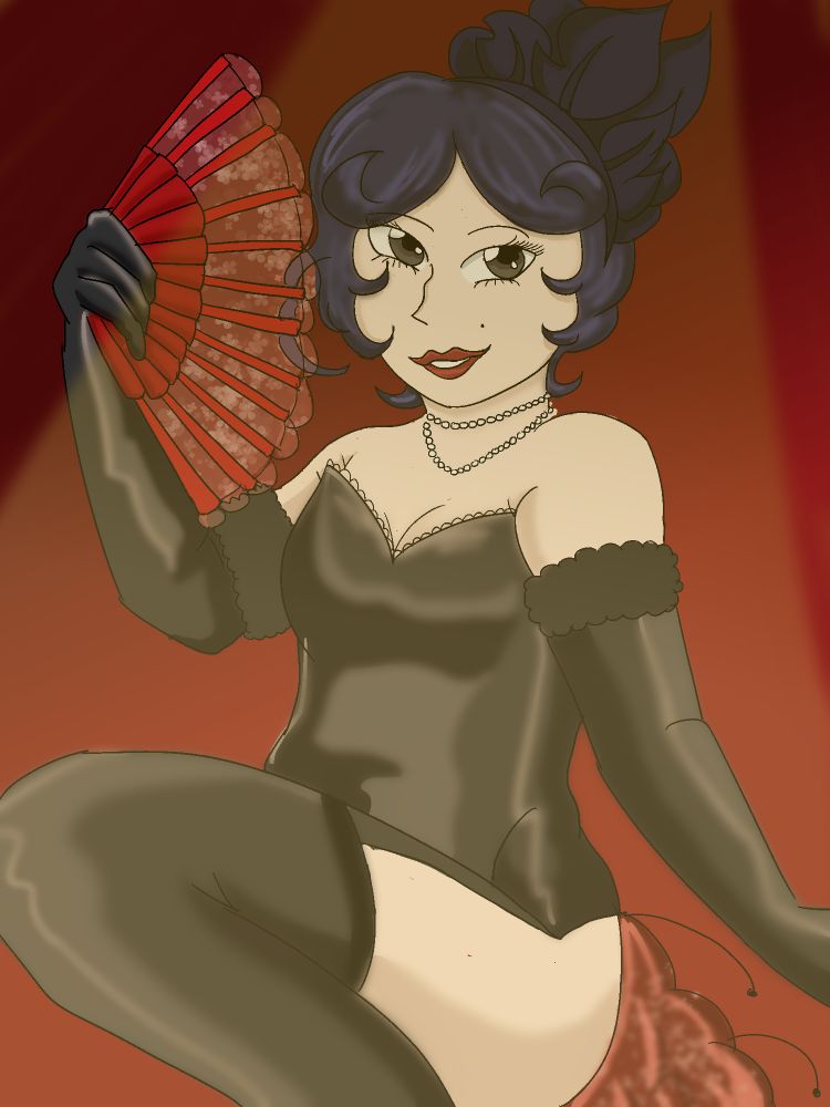 Victorian showgirl in a black leotard, Stockings, and opera gloves, holding up a red fan as the spotlight shines on her.