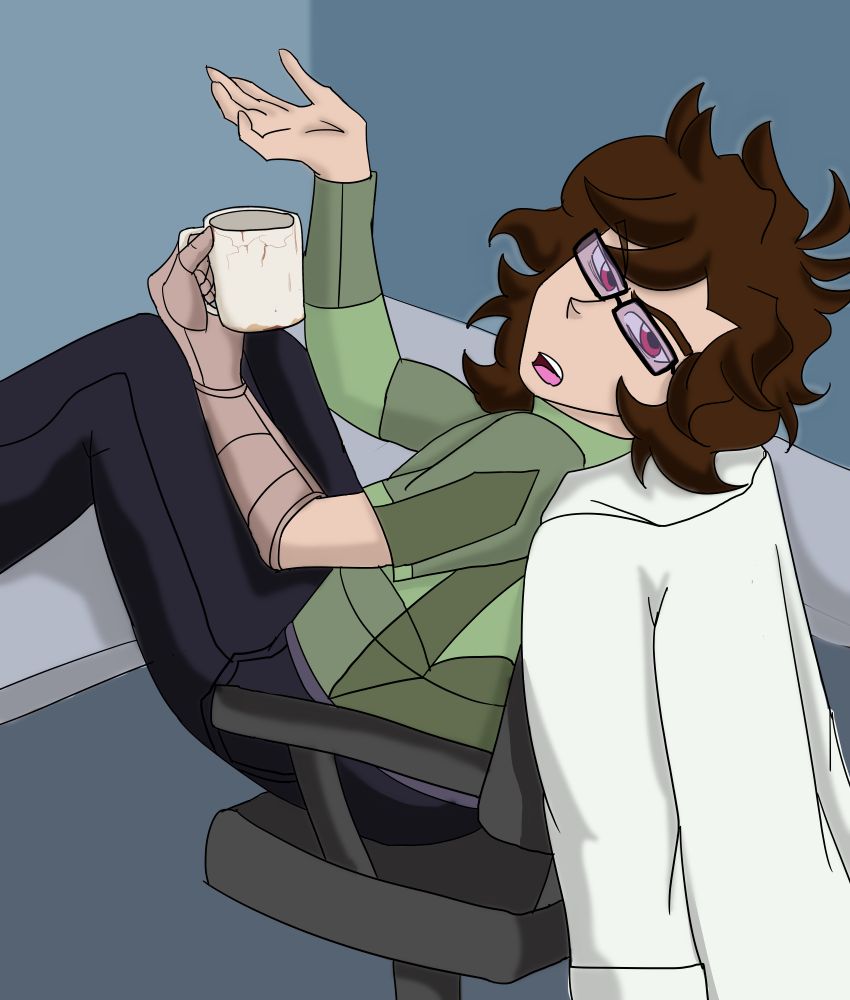 Tired, unamused scientist man leans back in his chair, holding a mug of coffee with his prostethetic arm and his lab coat hanging off the back of his chair.