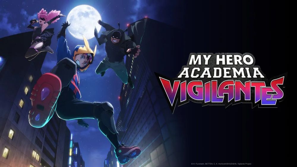 Pop Step, Koichi, and Knuckleduster leaping from the night sky surrounded by tall buildings. To the right is the title "My Hero Academia Vigilantes"