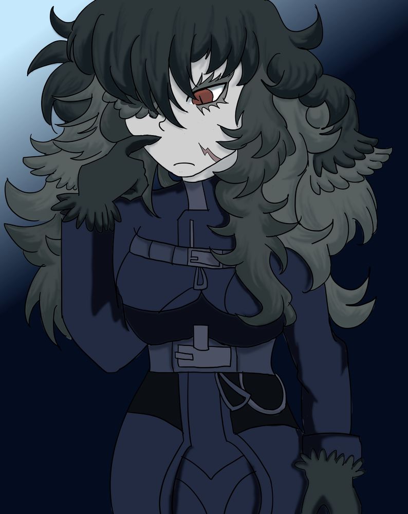 Gothic design of a woman who has feathery elements in her hair and a mainly dark blue dress, a finger resting on her cheek as she's in deep thought