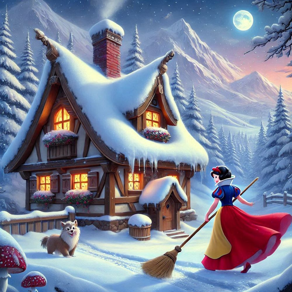 Blanche-Neige balayant la neige à l'extérieur 