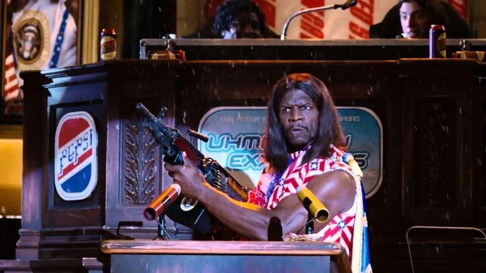 Still of terry crews as president Camacho in Idiocracy 