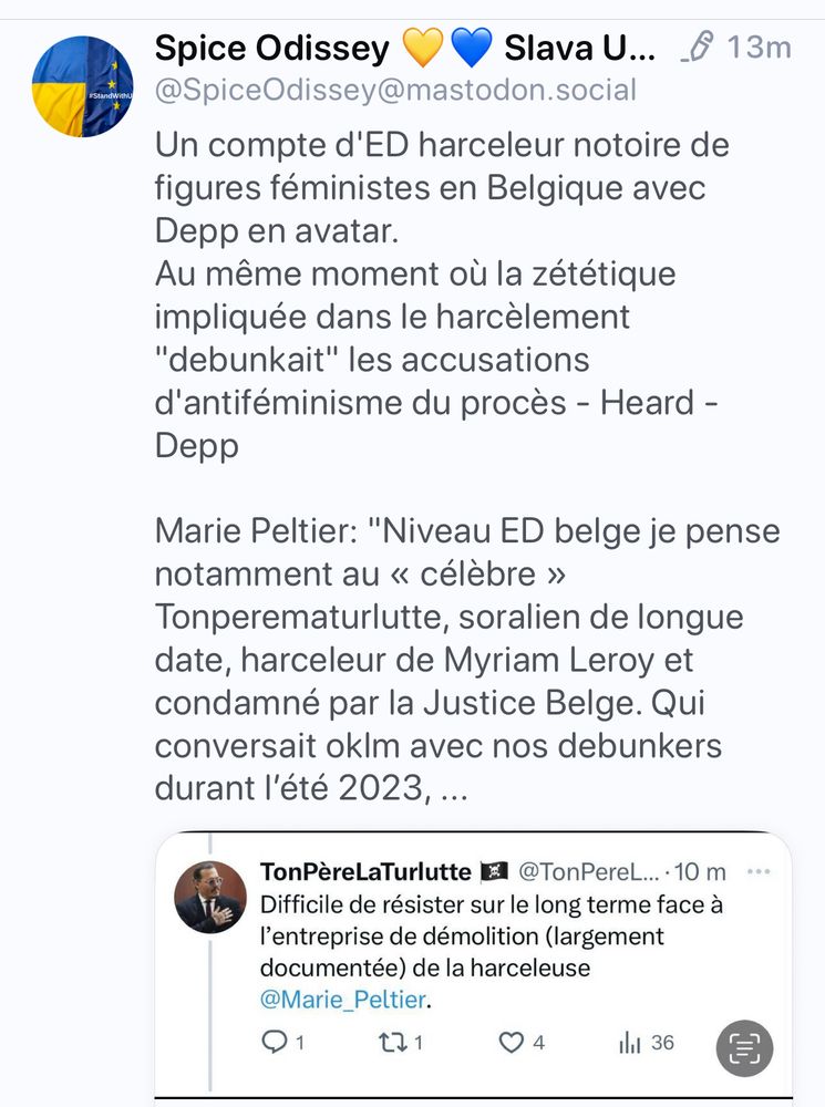 Spice Odissey
2V Slava U... -& 13m
@SpiceOdissey@mastodon.social
Un compte d'ED harceleur notoire de figures féministes en Belgique avec Depp en avatar.
Au même moment où la zététique impliquée dans le harcèlement
"debunkait" les accusations d'antiféminisme du procès - Heard -
Depp
Marie Peltier: "Niveau ED belge