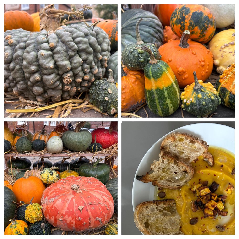 Range of heritage pumpkins on stall and bowl of pumpkin soup with sourdough bread! 