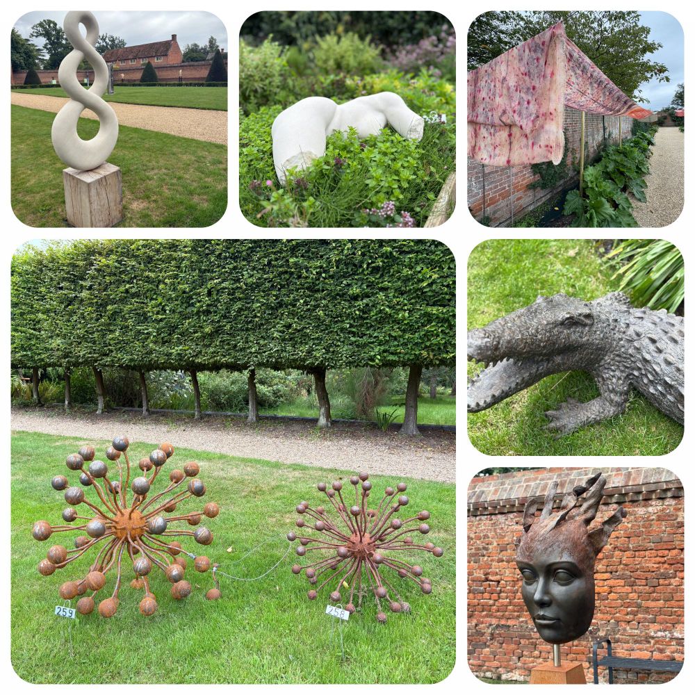 Various abstract sculptures made from metal, stone, and cloth at the Sculpture at Doddington exhibition.