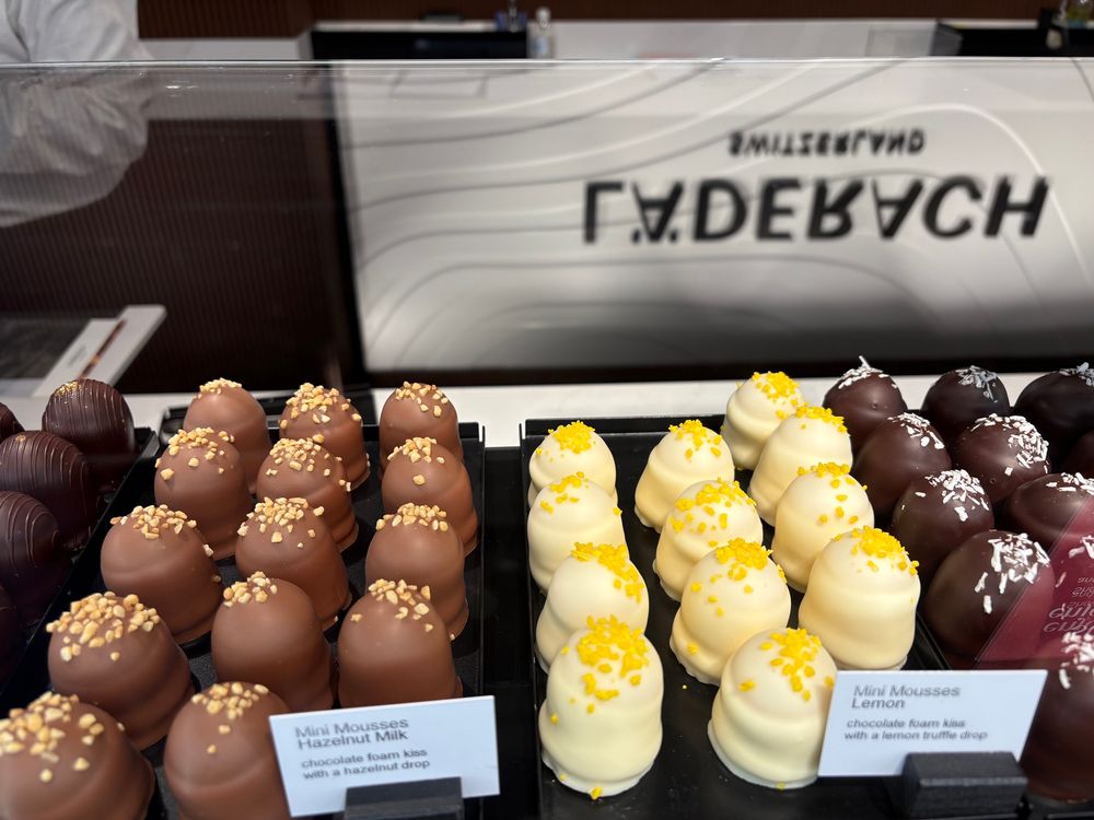Assorted Laderach Swiss chocolate truffles at St Pancras Station, London. 