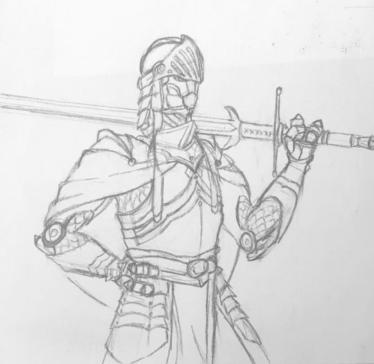 A pencil sketch of a Warforged. They stand with a greatsword propped on one shoulder, and wear plate armor, including a heavy gorget and visored helm. A semicircular cape is draped over their hsoulders, and two long banners hang from either cheek-piece of their helmet.