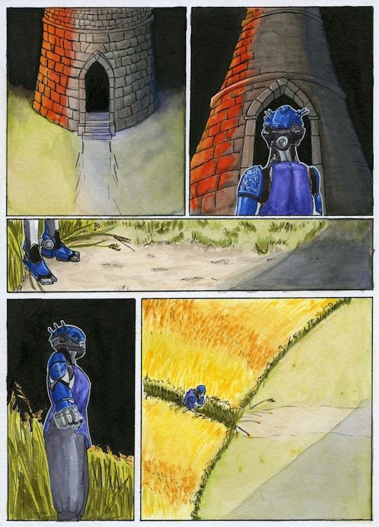 A five-panel comic page, the second page of three. Panel 1: We face the base of a narrow stone tower, standing in a grassy clearing, lit red with a sunset on one side and shading to shadow in the other. The shadows behind the tower shade into a solid black, the same as the arched entrance. A narrow dirt path leads to the entrance. Panel 2: We look up at the tower now, and the imposing height of it, with the Exo woman in the foreground, with her back to the viewer. Instead of armor, she now wears a sleeveless purple shirt, showing that the blue metal of her arms is etched with flowers on one shoulder, like a tattoo. Panel 3: A wide, narrow shot of her bare, robotic feet at one side of the page, humanlike but plated in blue and gray, standing at the edge of the field of grain. A dirt path stretches ahead of her, with the shadow of the tower falling over it. Panel 4: We look up at her now from one side, emphasizing her clenched fist at her side, standing at the edge of the field. Her chin is raised and she stands straight, still in the soft purple shirt, and one of the panels on this arm is etched with what might be a swan taking flight. Faint lines indicate her hand is shaking. Panel 5: An aerial view of her, but she has taken several steps back into the golden field, and has her face in her hands. It's a desolate and lonely view. The grain ripples around her, and the shadow of the tower looms before her.