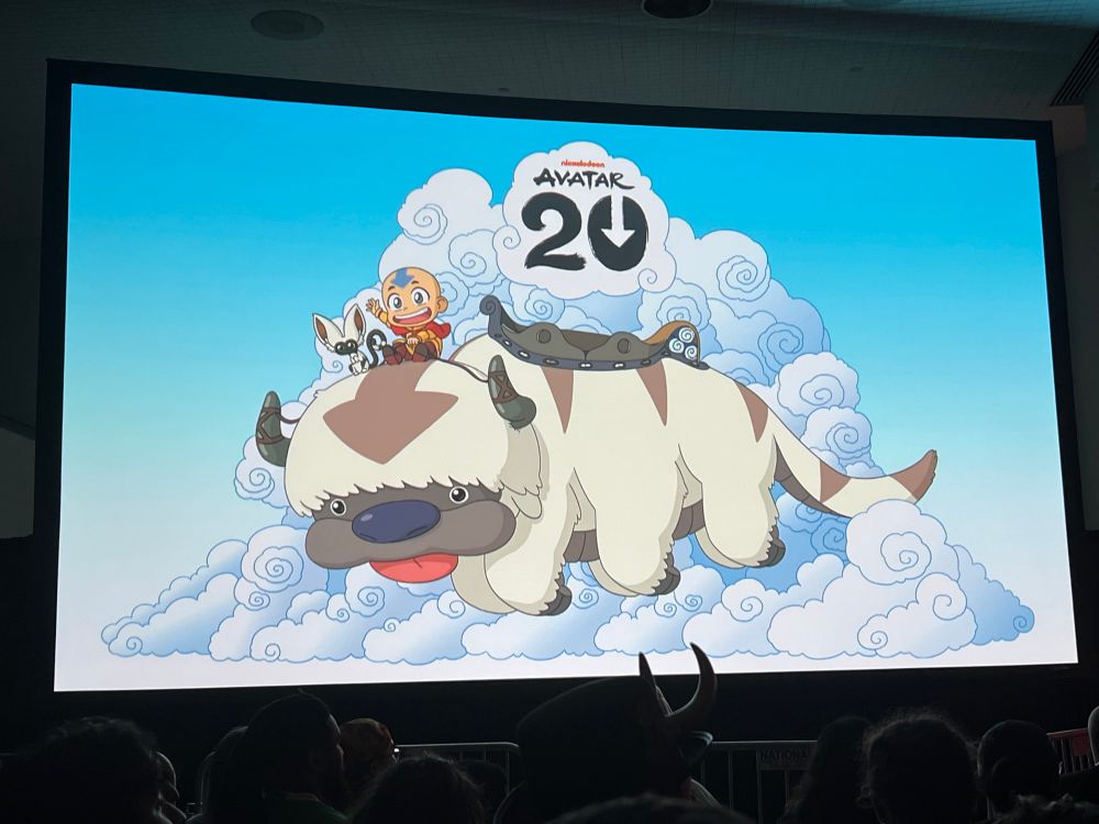 A drawing commemorating ATLA’s 20th anniversary, with Aang and Momo riding Appa