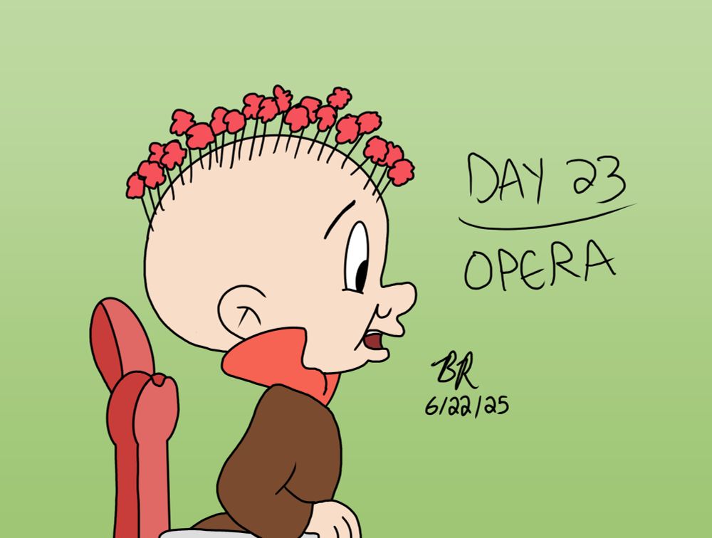 A side view of Elmer Fudd sitting in a chair and looking shocked, with flowers growing out of his head.